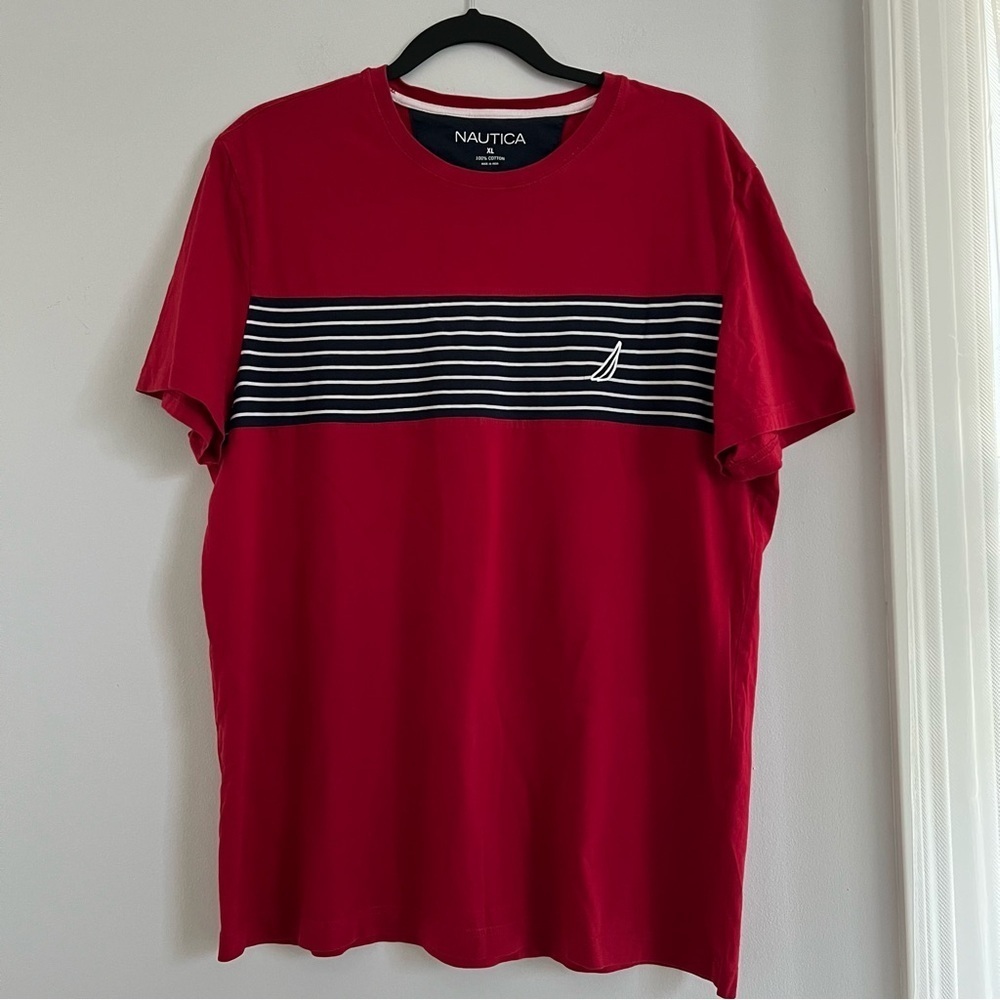 Nautica Men's Red Tee with Black and White Stripes